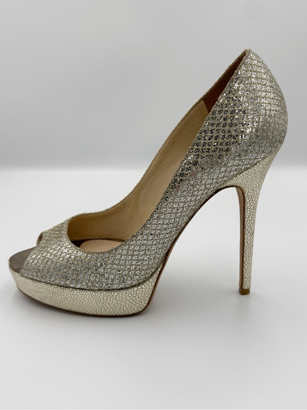 Jimmy Choo Crown Gold Glitter Peep Toe Platform Pumps Heels Metallic EU 39.5